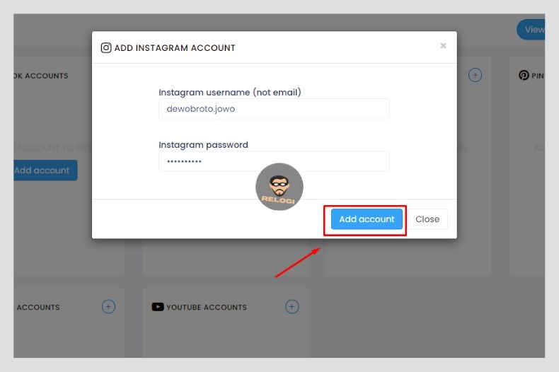 Masukan username dan password Ig